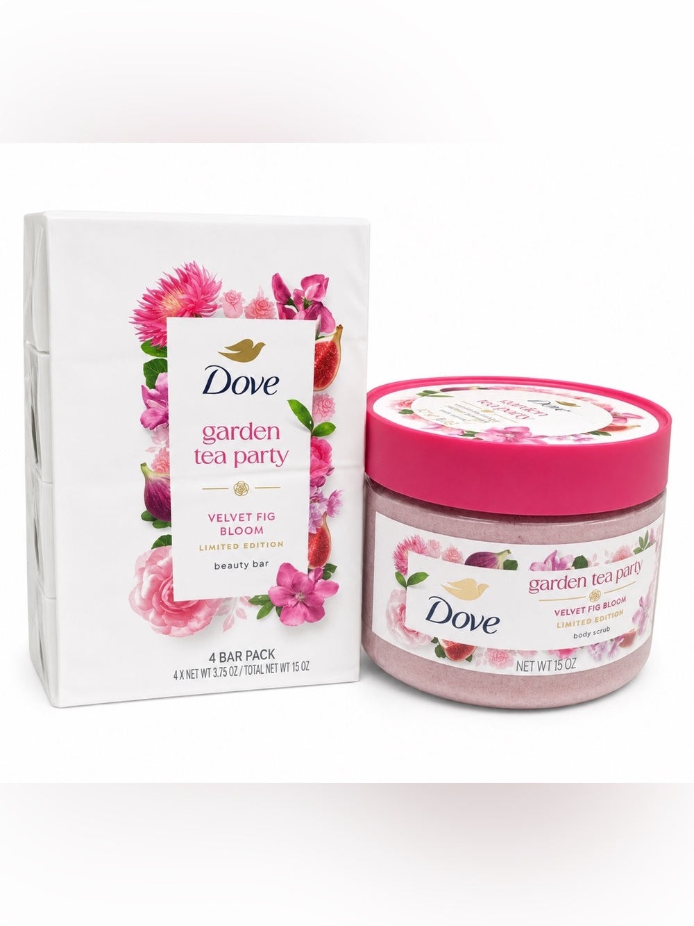 Dove Garden Tea Party Velvet Fig Bloom Body Scrub 15oz & 4 Bar Soap Set New NIB!